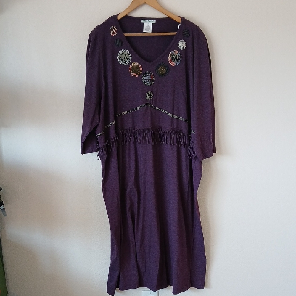 Ulla Popken Purple Dress With Fringe At Waist Fabric Flowers Along Neckline